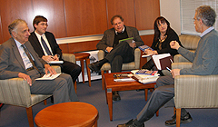 Meeting at the APWU office, from left: Ralph Nader, Jeff Musto and John Richard of the Center for Responsive Law, and APWU Vice President Debby Szeredy and President Mark Dimondstein.