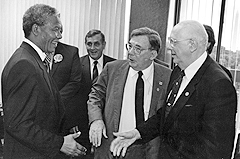 Mandela greets APWU President Moe Biller (right) and AFL-CIO President Lane Kirkland during a 1991 visit to Washington DC. Mandela greets APWU President Moe Biller (right) and AFL-CIO President Lane Kirkland during a 1991 visit to Washington DC.
