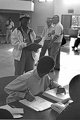 Judy Beard monitoring operations at a polling station.
