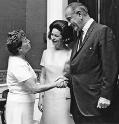Evelyn Dubrow with President and Lady Bird Johnson in 1967. “Lobbyists tend to work for, or even become, fat cats,” Dubrow said. “Well, I’m not. And I don’t. I work for more than 350,000 union members and 250,000 retirees. They’re far from fat cats. They’re hard-working citizens who can’t trot up to Capitol Hill and meet their representatives directly.”