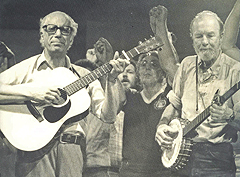 Glazer was joined on stage by folk music legend Pete Seeger and others at a Great Labor Arts Exchange concert, 1984.