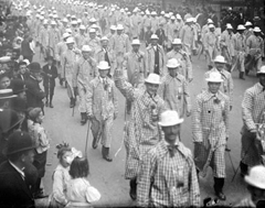 Freshly-pressed meat cutters marched in Chicago in 1908.