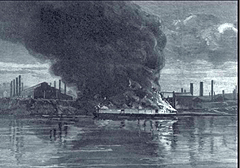 A barge filled with Pinkerton goons received a rough greeting in Homestead, PA. This 1892 Harper’s Weekly illustration was based on a photo taken during the riot.