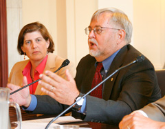 Not enough is being done to help qualified veterans secure jobs with The Postal Service, APWU Executive Vice President Cliff Guffey (right) told a House panel during testimony on Sept. 6. Mary Jean Burke (left), first executive vice president of the American Federation of Government Employees, also testified at the hearing.