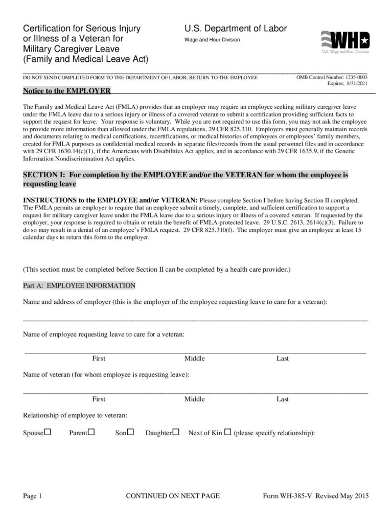 Certification by a Service Member’s Health Care Provider for Caregiver Military Family Leave: