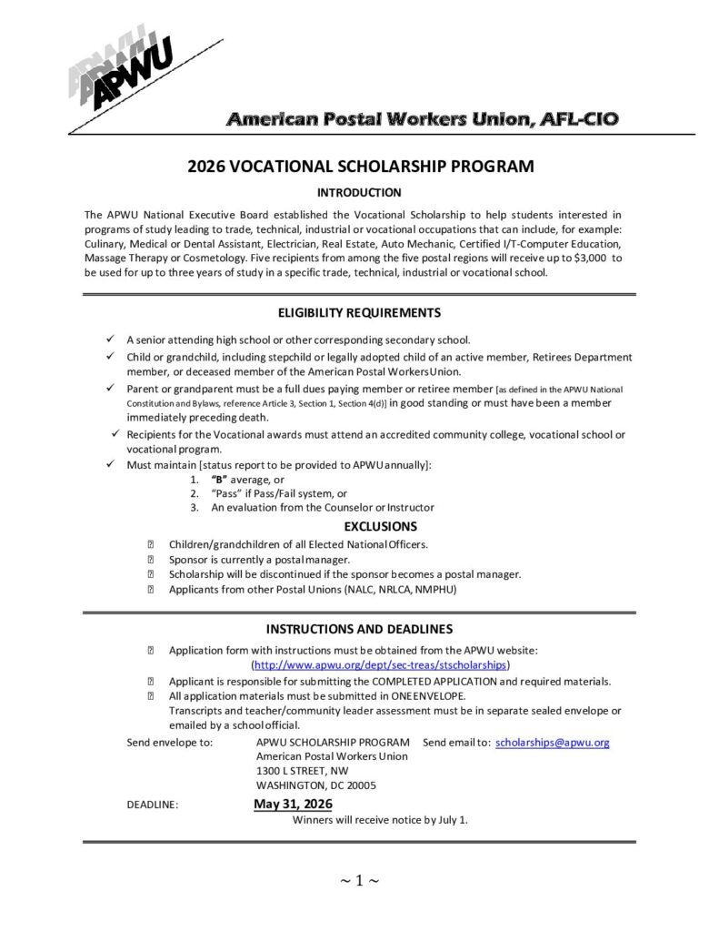 Vocational Scholarship Application - Deadline May 31, 2026