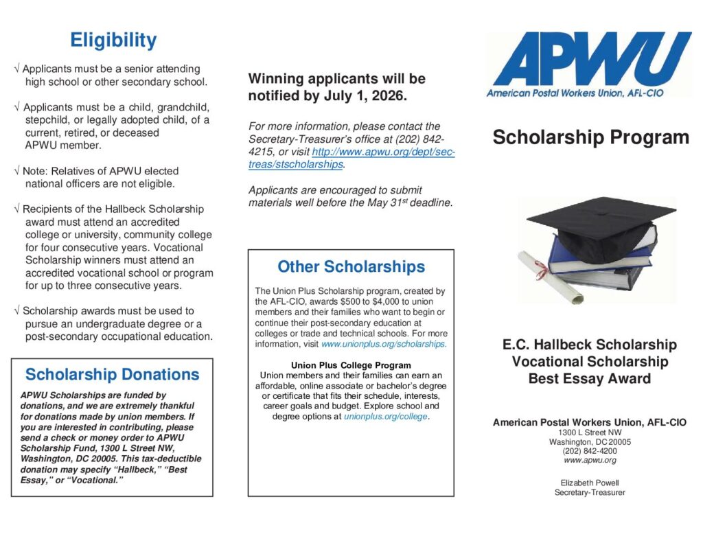 APWU Scholarship Brochure - Deadline May 31, 2026