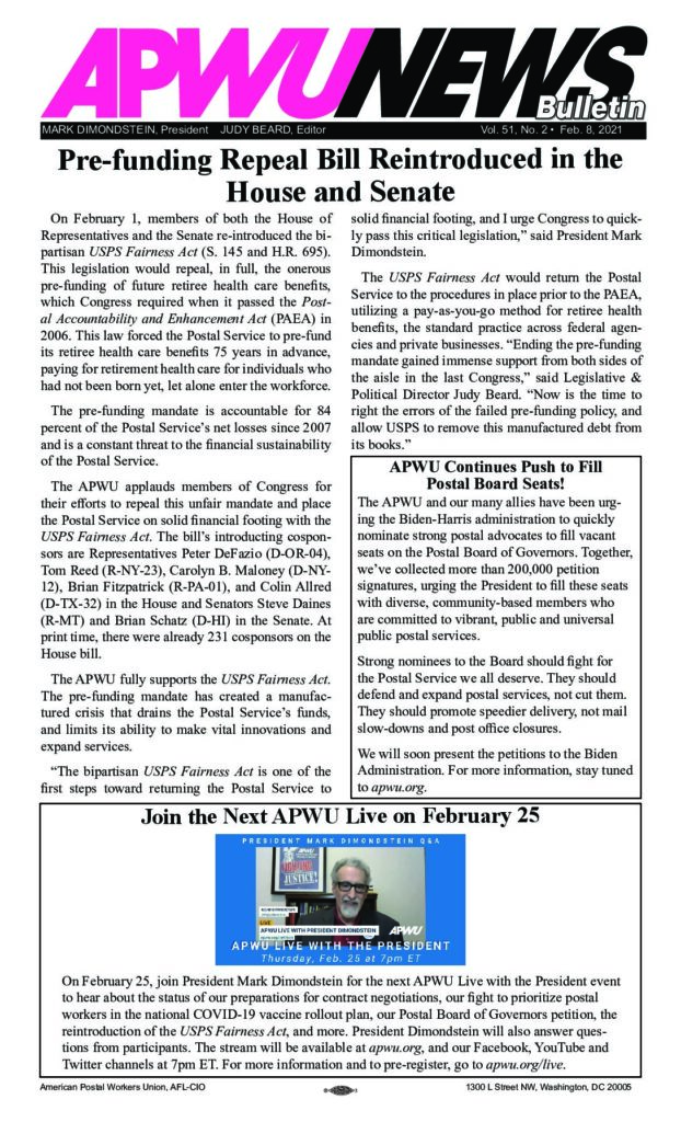 Feb. 2021 Pre-Funding Repeal Bill Reintroduced, Join APWU Live!