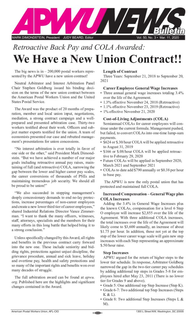 March 2020 New Contract, Back Pay and COLA Awarded