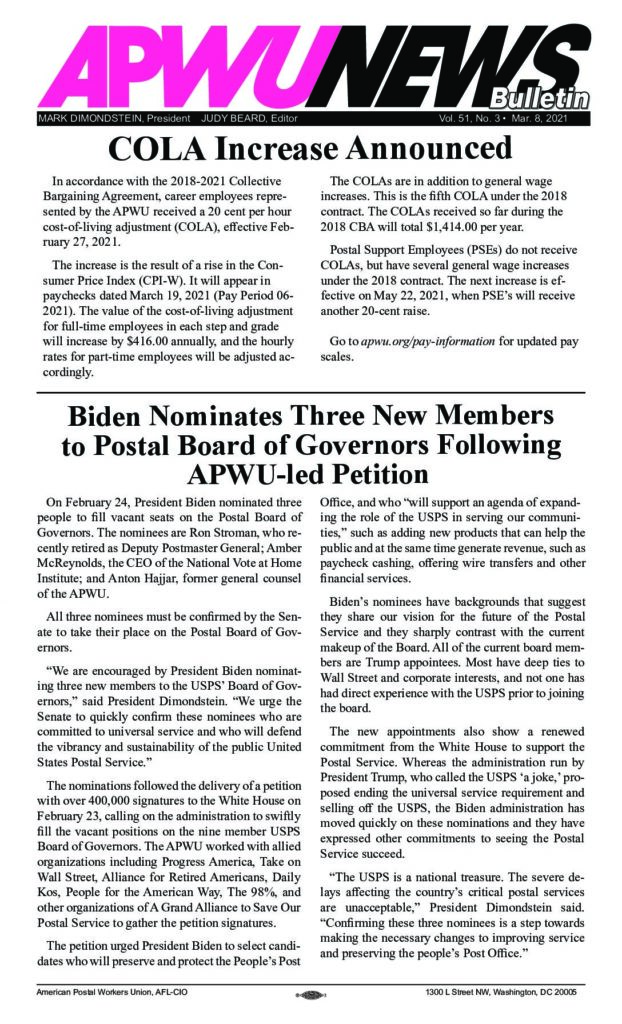 March 2021 COLA Increases, BOG Nominees, Rank and File Bargaining Advisory Committee announced