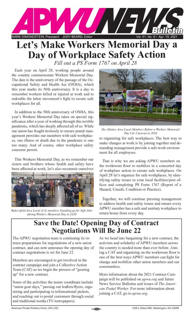 April 2021 Honor Workers Memorial Day, Negotiations Opening Day Announced, No Postal Pulse