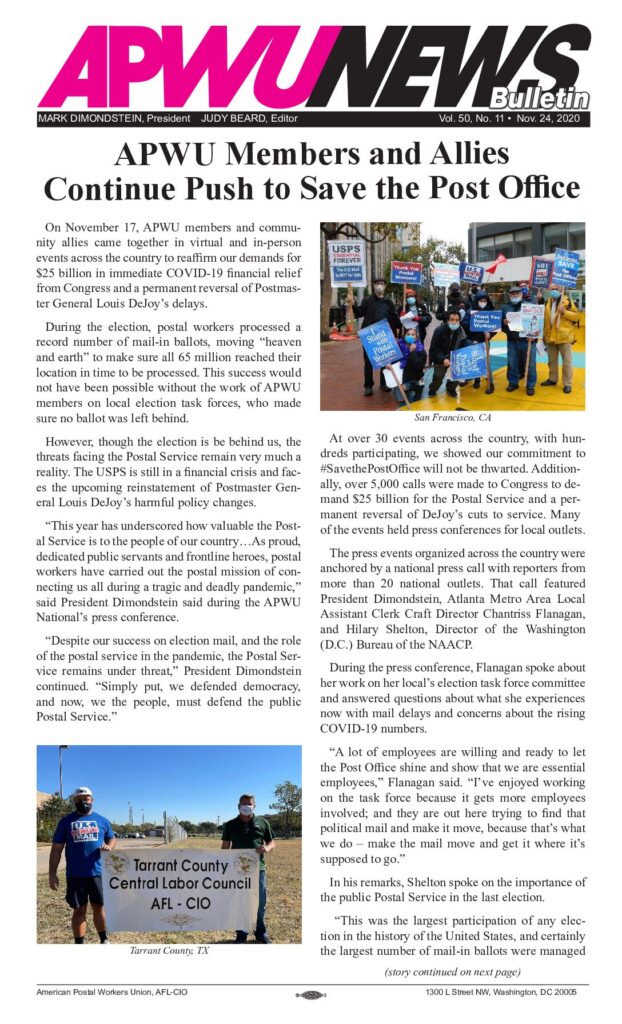 Nov. 2020 Save the Post Office, Labor 2020, COLA Increase