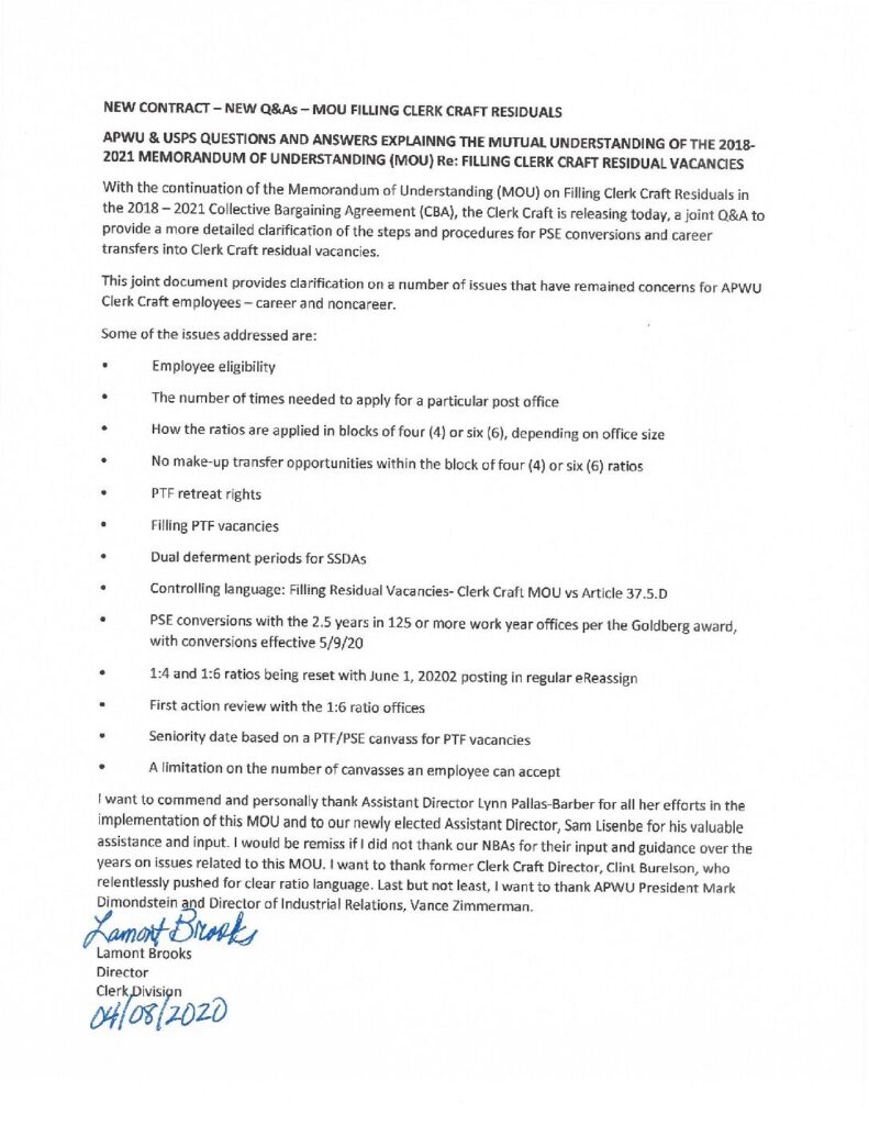 MOU Q and A Summary on Filling Clerk Craft Residual Vacancies 040820