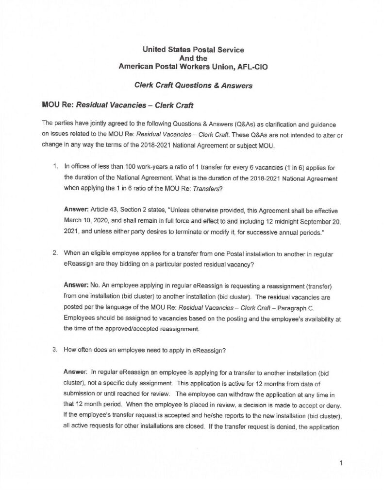 MOU Residual Vacancies-Clerk Craft Questions and Answers 040820