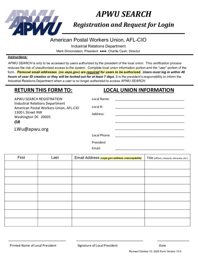 APWU Search Registration and Request for Login