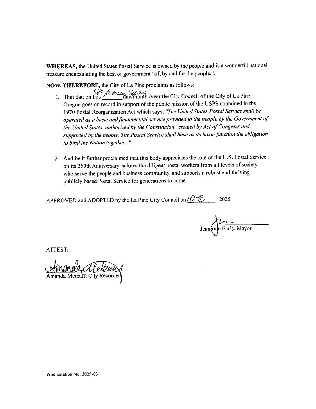 Oregon Town of La Pine Honors USPS 250th Anniversary with Signed Proclamation!'s image