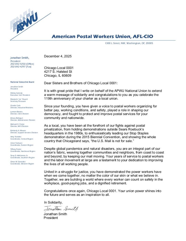 President Smith's Letter to Chicago Local