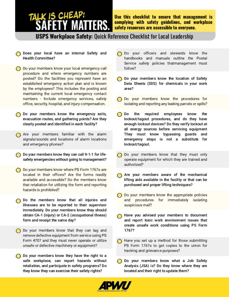 (For Locals) USPS & APWU Workplace Safety Quick Reference Checklist