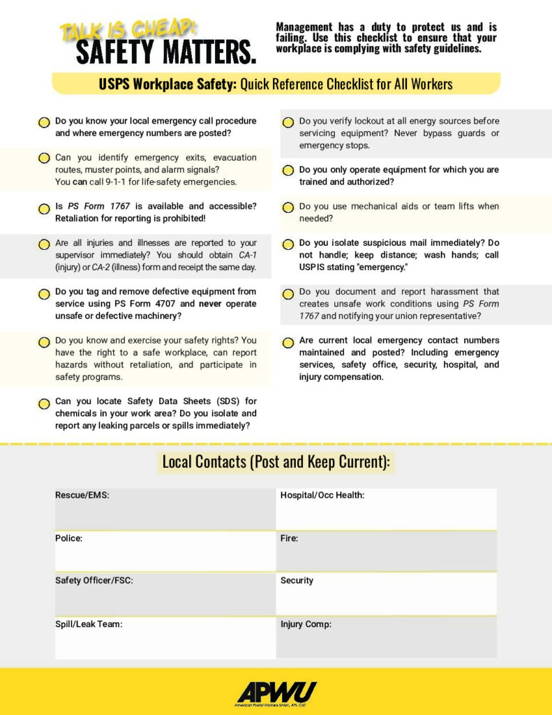 (For Workers) USPS & APWU Workplace Safety Quick Reference Checklist