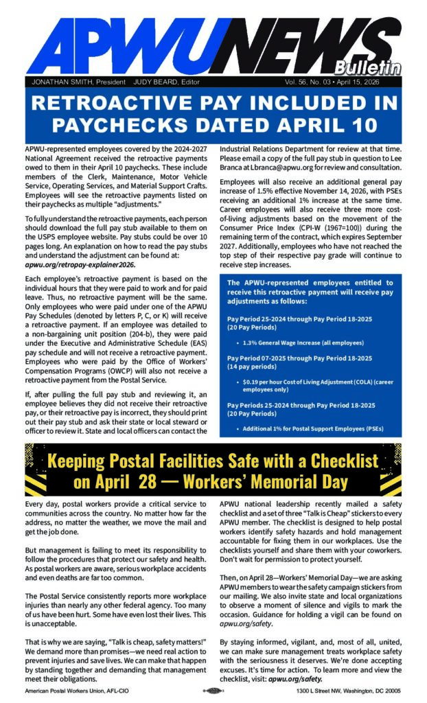 April 2026 Retroactive Pay, Safety Checklist, APWU LIVE