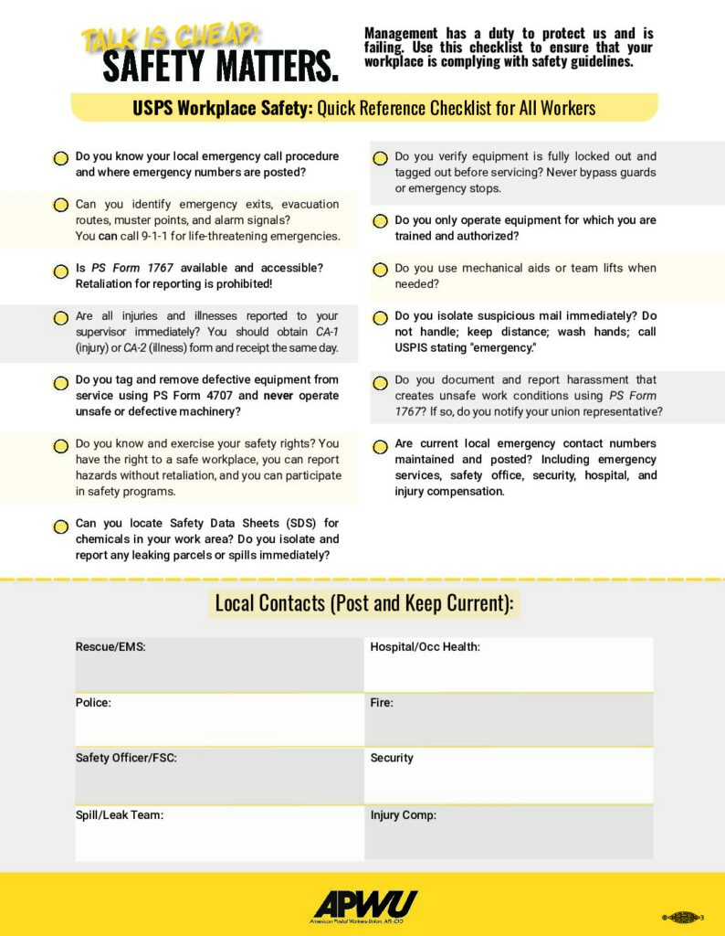 (For Workers) USPS & APWU Workplace Safety Quick Reference Checklist